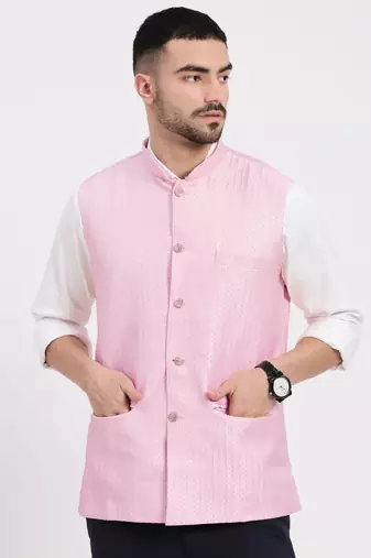 men's woven design pink slim fit nehru jacket