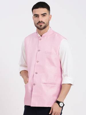 men's woven design pink slim fit nehru jacket 3