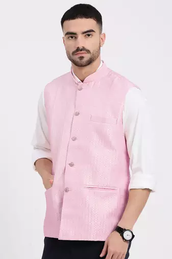 men's woven design pink slim fit nehru jacket