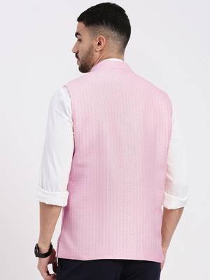 men's woven design pink slim fit nehru jacket 4