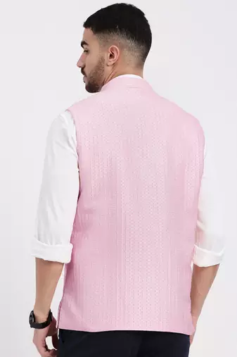 men's woven design pink slim fit nehru jacket