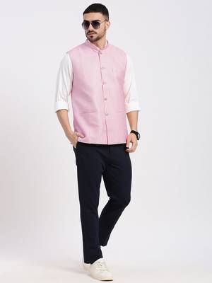 men's woven design pink slim fit nehru jacket 5