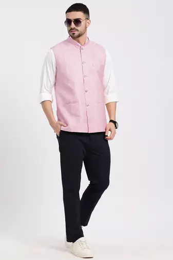 men's woven design pink slim fit nehru jacket
