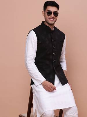 men's woven design black slim fit nehru jacket 1