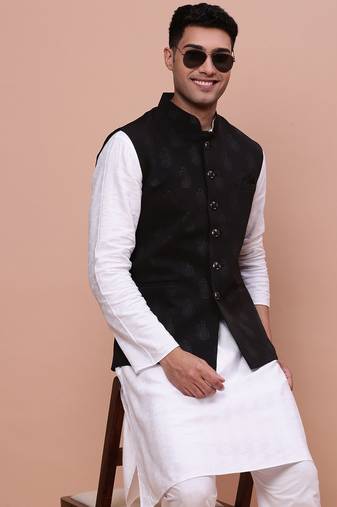men's woven design black slim fit nehru jacket