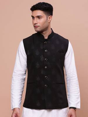 men's woven design black slim fit nehru jacket 2