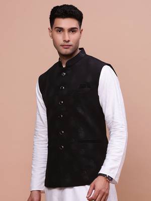 men's woven design black slim fit nehru jacket 3