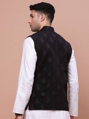 men's woven design black slim fit nehru jacket 4