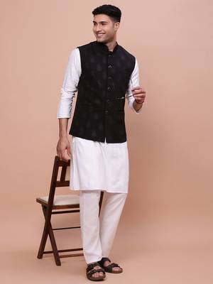 men's woven design black slim fit nehru jacket 5