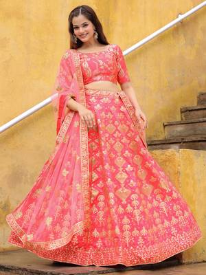 bewitching peach embroidered silk wedding lehenga set choli with dupatta with dupatta 1