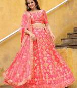 bewitching peach embroidered silk wedding lehenga set choli with dupatta with dupatta