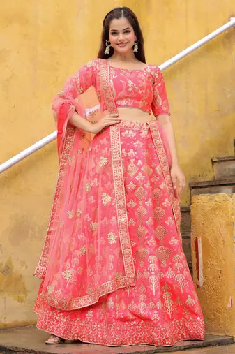 bewitching peach embroidered silk wedding lehenga set choli with dupatta with dupatta