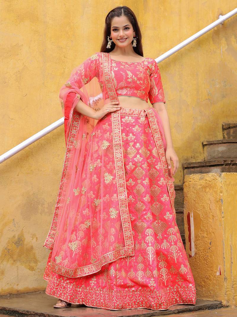 Bewitching Peach Embroidered Silk Wedding Lehenga Choli With Dupatta