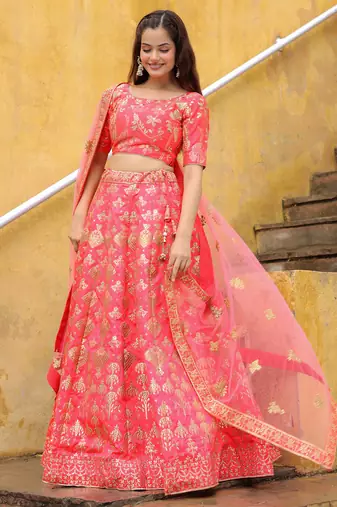 bewitching peach embroidered silk wedding lehenga set choli with dupatta with dupatta