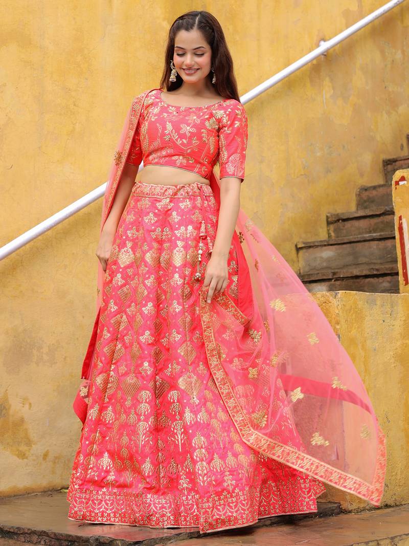 Bewitching Peach Embroidered Silk Wedding Lehenga Choli With Dupatta