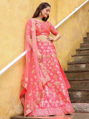 bewitching peach embroidered silk wedding lehenga set choli with dupatta with dupatta 4