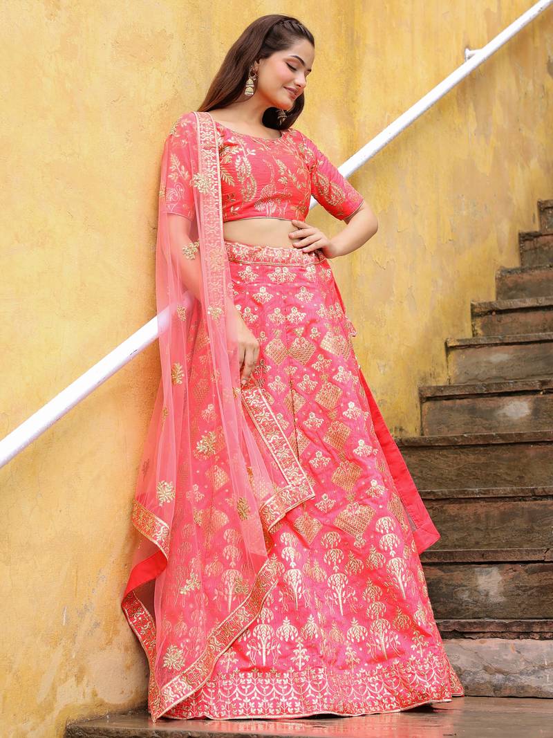 Bewitching Peach Embroidered Silk Wedding Lehenga Choli With Dupatta