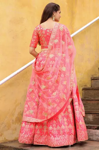bewitching peach embroidered silk wedding lehenga set choli with dupatta with dupatta