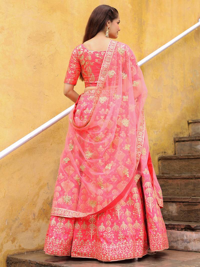Bewitching Peach Embroidered Silk Wedding Lehenga Choli With Dupatta