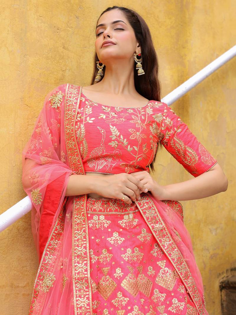 Bewitching Peach Embroidered Silk Wedding Lehenga Choli With Dupatta