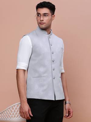 Showoff men's woven design grey slim fit nehru jacket 1