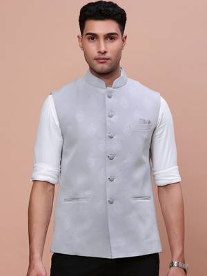 Showoff men's woven design grey slim fit nehru jacket 2