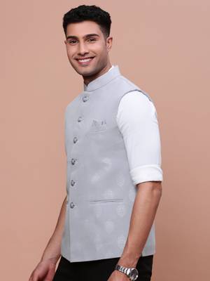 Showoff men's woven design grey slim fit nehru jacket 3
