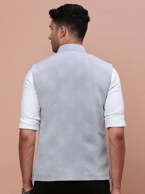Showoff men's woven design grey slim fit nehru jacket 4