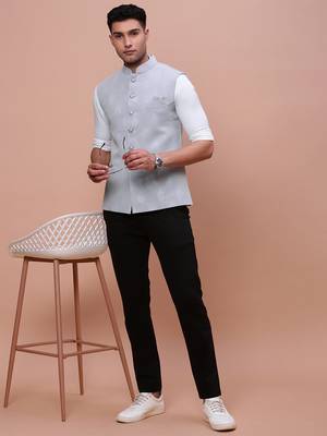Showoff men's woven design grey slim fit nehru jacket 5