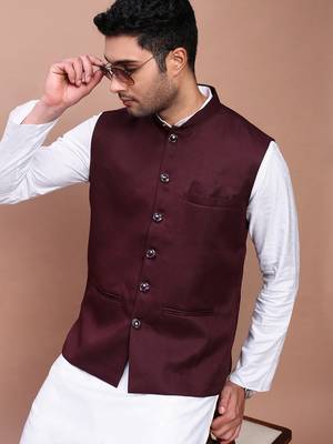 men's solid burgundy slim fit nehru jacket 1