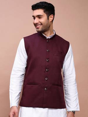 men's solid burgundy slim fit nehru jacket 2
