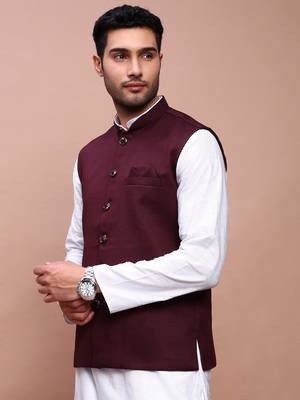 men's solid burgundy slim fit nehru jacket 3