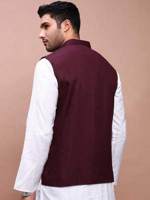 men's solid burgundy slim fit nehru jacket 4