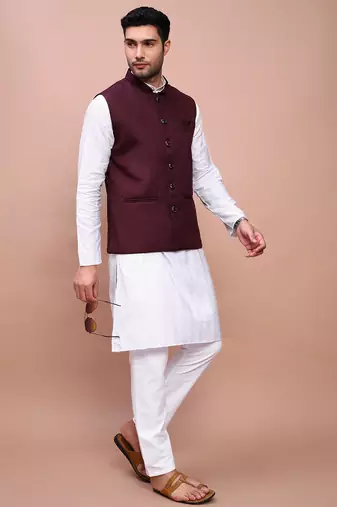 men's solid burgundy slim fit nehru jacket