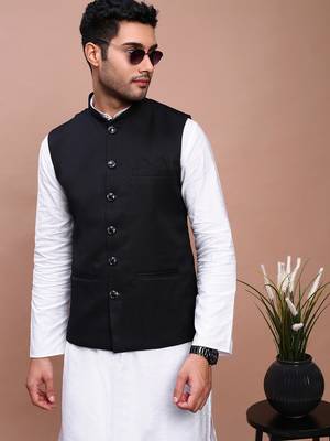 men's solid black slim fit nehru jacket 1