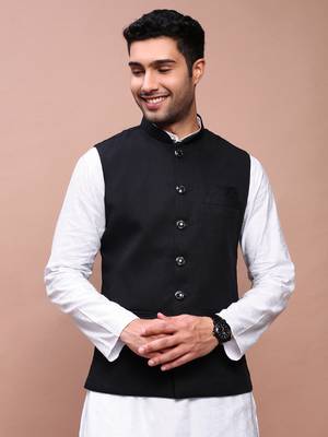 men's solid black slim fit nehru jacket 2