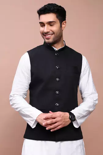 men's solid black slim fit nehru jacket