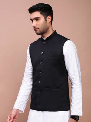 men's solid black slim fit nehru jacket 3