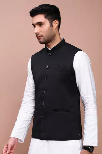 men's solid black slim fit nehru jacket