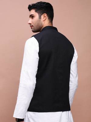 men's solid black slim fit nehru jacket 4
