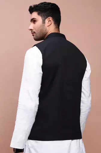 men's solid black slim fit nehru jacket
