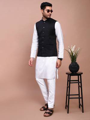 men's solid black slim fit nehru jacket 5