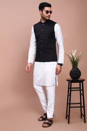 men's solid black slim fit nehru jacket