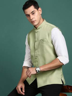 men's solid green slim fit nehru jacket 1