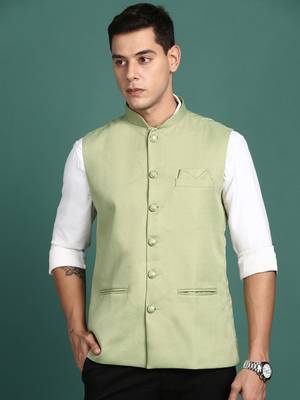 men's solid green slim fit nehru jacket 2
