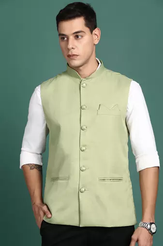men's solid green slim fit nehru jacket