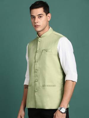 men's solid green slim fit nehru jacket 3