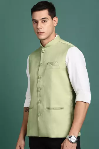 men's solid green slim fit nehru jacket