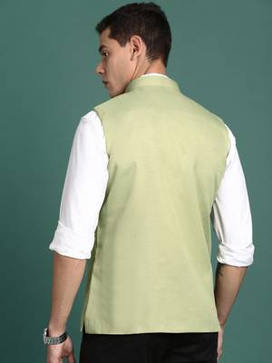 men's solid green slim fit nehru jacket 4