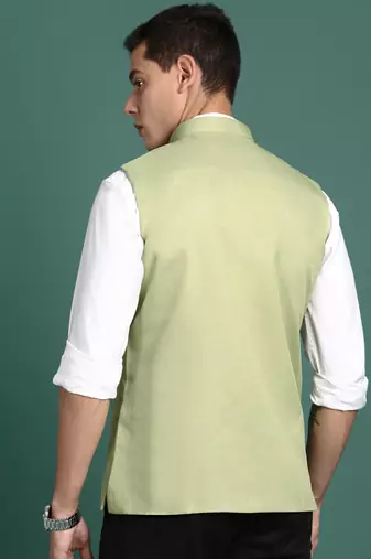 men's solid green slim fit nehru jacket